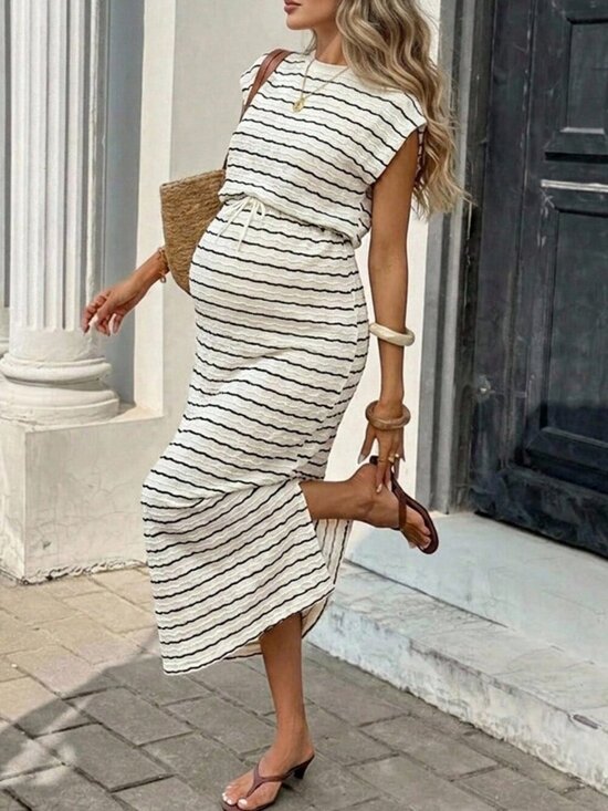 Dresses & Skirts - Casual Women's Striped Round Neck Cap Sleeve Tie-Waist Split Hem Dress
